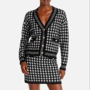Aqua - Black and White Checkered Cardigan and Skirt Set -L